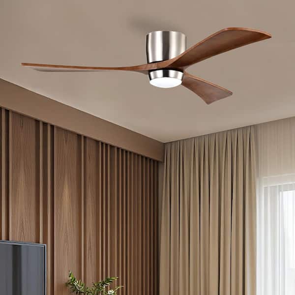 52 in. Integrated LED Indoor Flush Mount Brushed Nickel/Walnut Standard Ceiling Fan with Light and Remote 6-Speed
