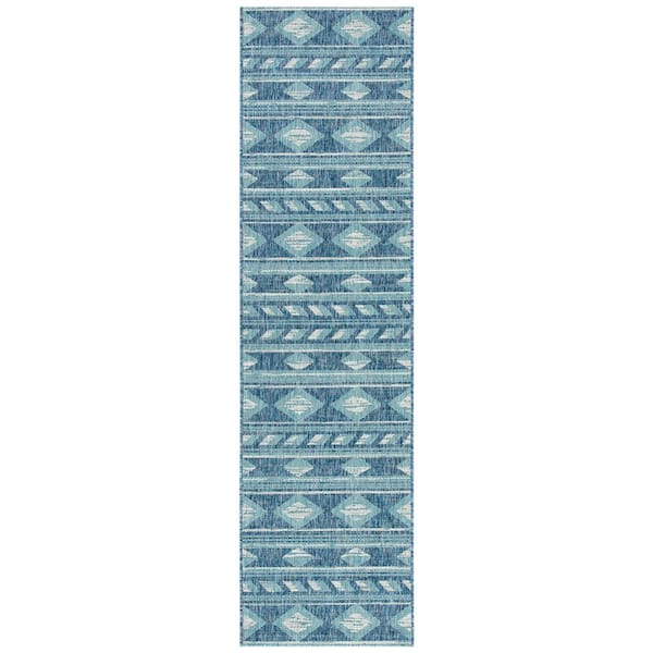 Courtyard 2 ft. x 12 ft. Navy/Aqua Striped Diamond Geometric Indoor/Outdoor Runner Rug
