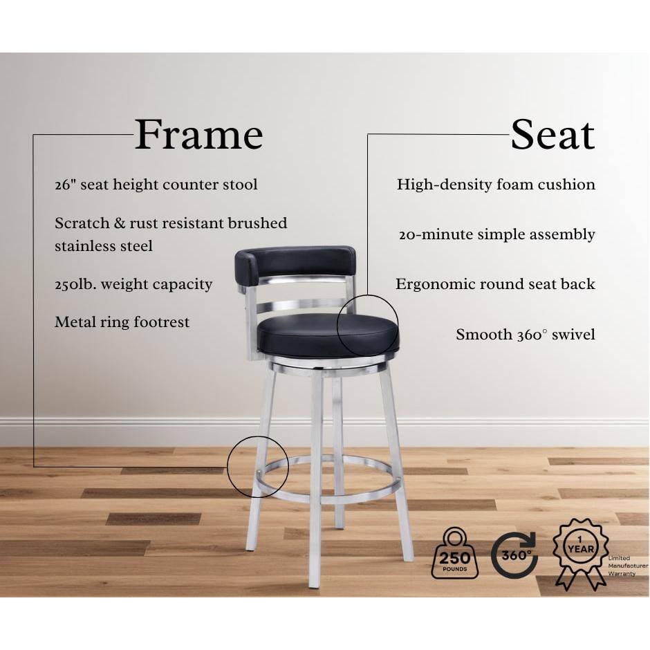 Madrid 26" Black Faux Leather Swivel Counter Stool