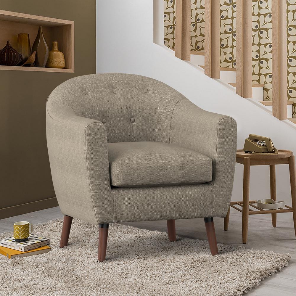 Scandinavian Barrel Beige Wood Accent Chair with Button-Tufted Back