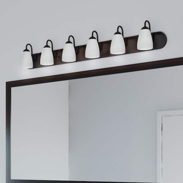 Gather Collection 48 in. 6-Light Antique Bronze Etched Glass Traditional Bathroom Vanity Light
