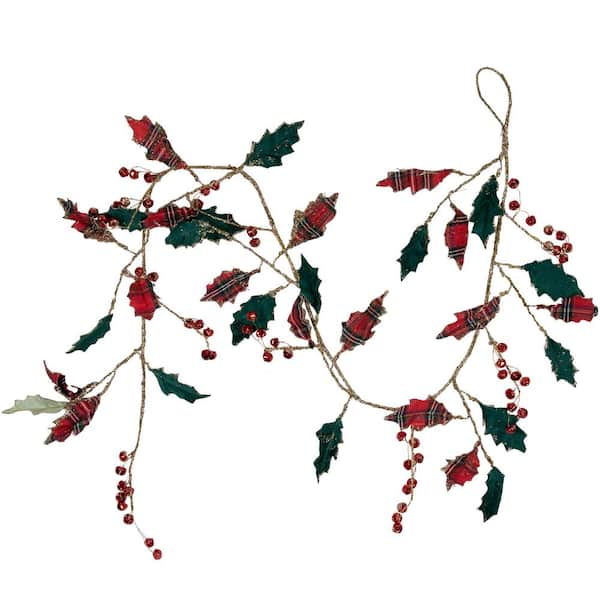 5 ft. Green and Red Plaid Holly with Jingle Bells Christmas Garland-Unlit