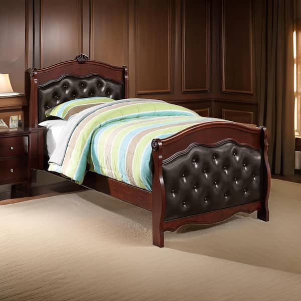 Benjara Jeny Cherry Brown and Espresso Pine Wood Frame Twin Platform Bed with Tufted Upholstered Headboard