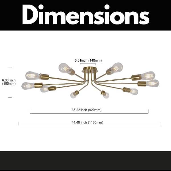 44.5 in. W 10-Light Gold Semi Flush Mount Chandelier Sputnik Light Ceiling Light Fixture, E26, No Bulbs
