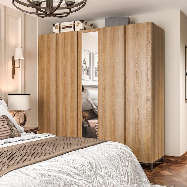 FUFU&GAGA Brown Wodoen 82.7 in. Width Large Wall Wide Wardrobe, Armoire with Mirrored Door, 2-Hanging Rods and 11-Shelves