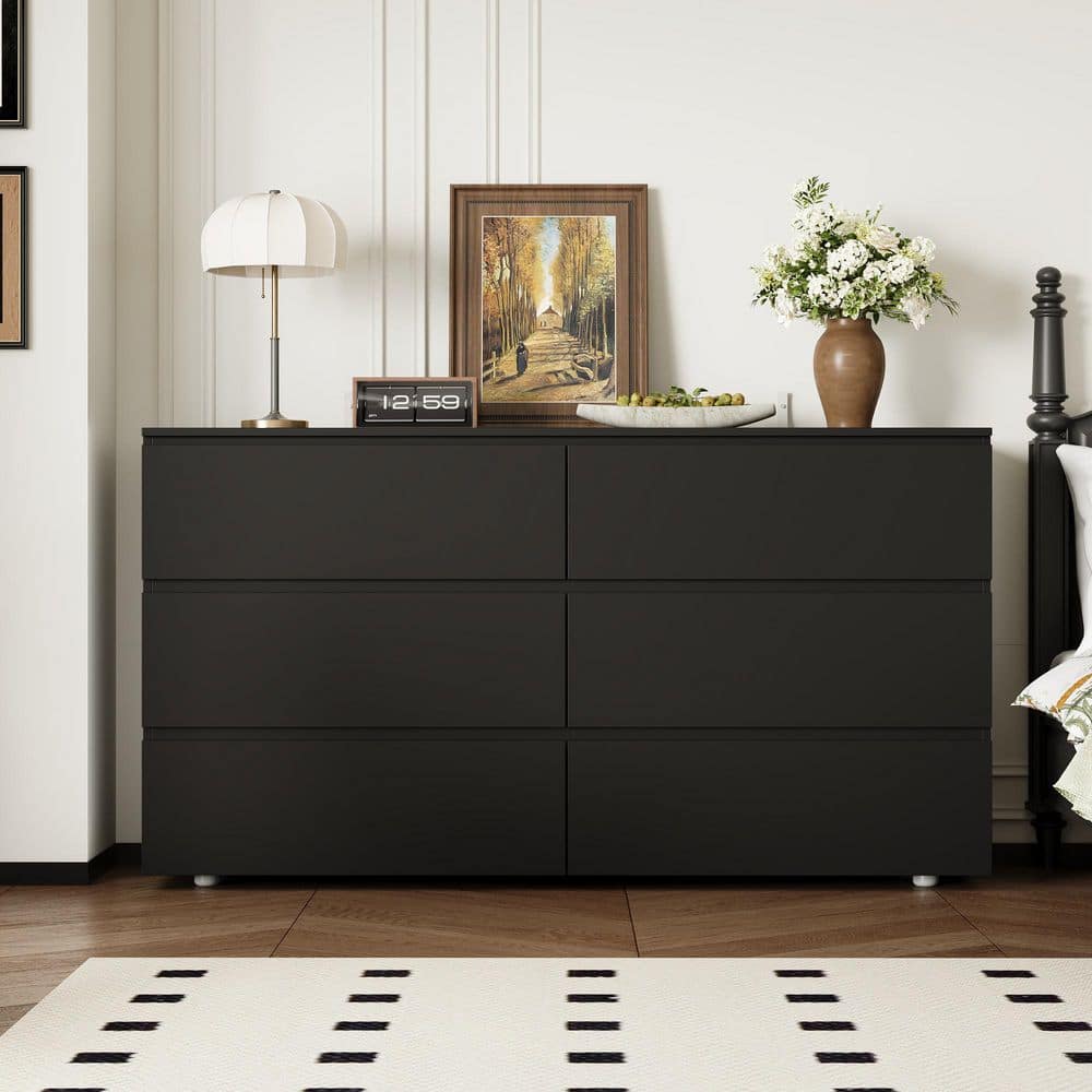 FUFU&GAGA Black 6-Drawers 59 in. W Wooden Dresser without Mirror FUFU&GAGA Black 6-Drawers 59 in. W Wooden Dresser without Mirror