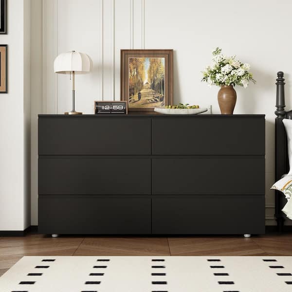 FUFU&GAGA Black 6-Drawers 59 in. W Wooden Dresser without Mirror, Chest of Drawers, Storage Sideboard