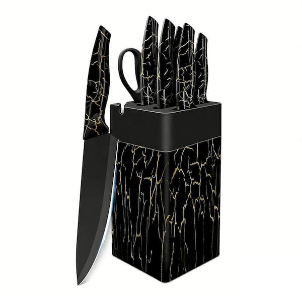 8 Pieces Black Stainless Steel German Knife Set with Knife Block & Built-in Knife Sharpener, Dishwasher Safe