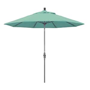 9 ft. Hammertone Grey Aluminum Market Patio Umbrella with Collar Tilt Crank Lift in Spectrum Mist Sunbrella