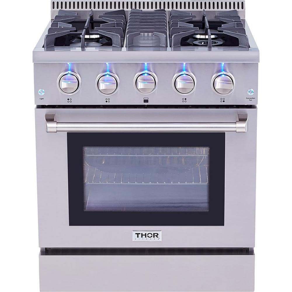 Thor Kitchen 3-Piece Kitchen Package with HRG3080U 30 Pro Style 4 Burner Stainless Steel Gas Range HRH3006U 30 Under Cabinet Range Hood Stainless Steel and HDW2401SS 24 Dishwasher Stainless Steel 