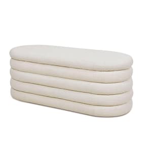 Fuji 19 in. Upholstered Oval Storage Bench, Ivory White Boucle