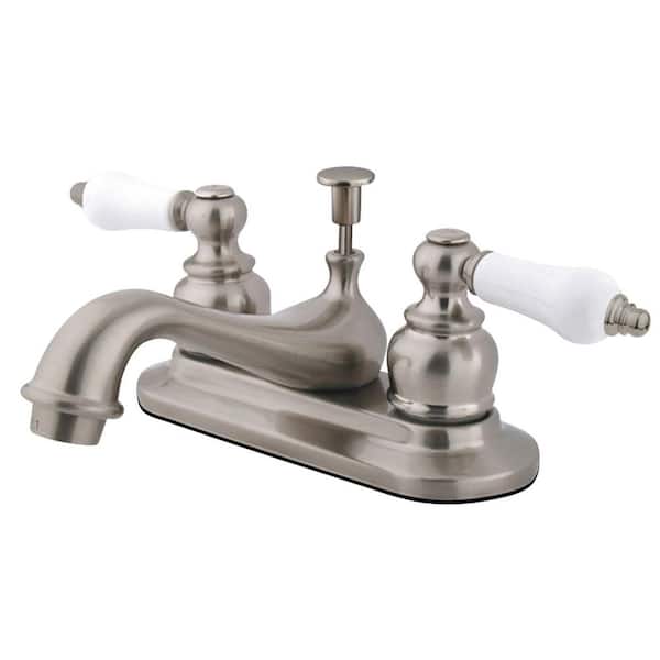 Kingston Brass Restoration 4 in. Centerset 2-Handle Bathroom Faucet with Plastic Pop-Up in Brushed Nickel