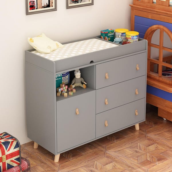 4-Drawer Gray Wood Kids Dresser Changing Table Dresser Storage Cabinet With Shelves 38 in. H x 45 in. W x 18 in. D