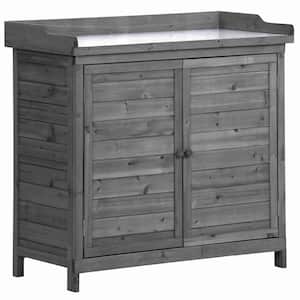 39 in. W x 37.4 in. H Gray Rustic Garden Potting Bench Table, Wood Workstation Cabinet with 2-Tier Shelves and Side Hook