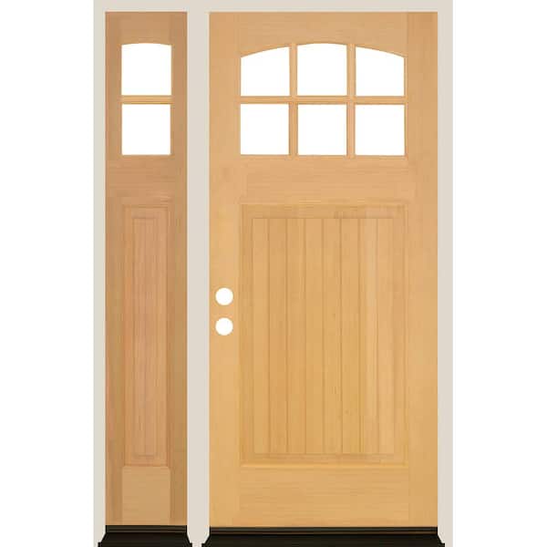 Krosswood Doors 50 in. x 80 in. Craftsman V-Groove Arched 6-Lite Clear Glass Unfinished Right Hand Hemlock Wood Prehung Front Door w/LSL