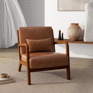 Mid-Century Light Brown Faux Leather Upholstered Accent Arm Chair with Light Walnut Color Rubber Wood Frame (Set of 1)