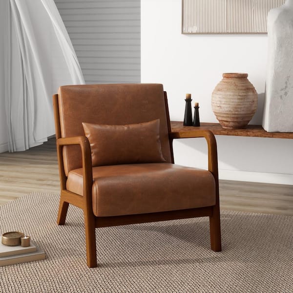Uixe Mid-Century Light Brown Faux Leather Upholstered Accent Arm Chair with Light Walnut Color Rubber Wood Frame (Set of 1)