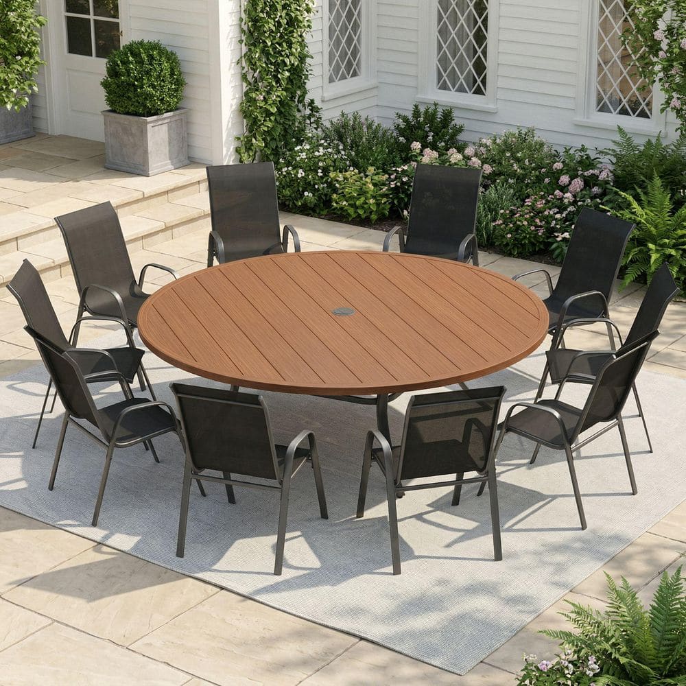 11-Piece Metal Outdoor Dining Set with 63 in. Walnut Round Patio Table and 10 Black Stackable Textilene Chairs price history on PriceWatchPro