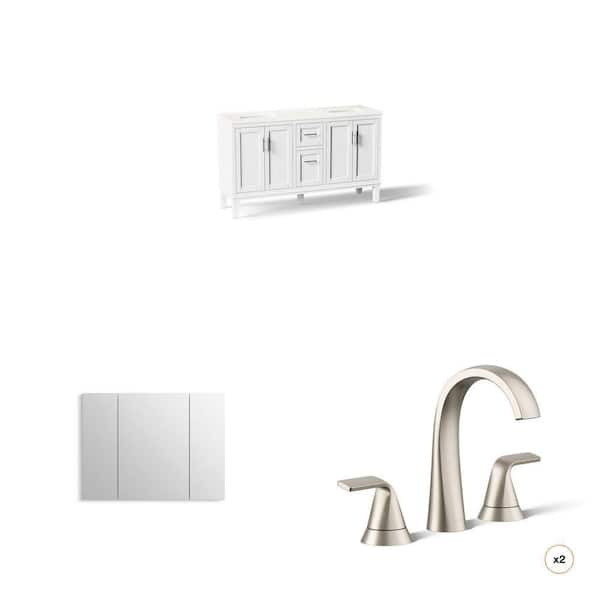 Chesil 60 in. White Vanity with Quartz Top, Verdera 40 in. x 30 in. Medicine Cabinet, and Cursiva Faucet (2-Count)