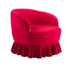 Modern Comfy Upholstered Red Velvet Swivel Barrel Accent Chair with Skirt