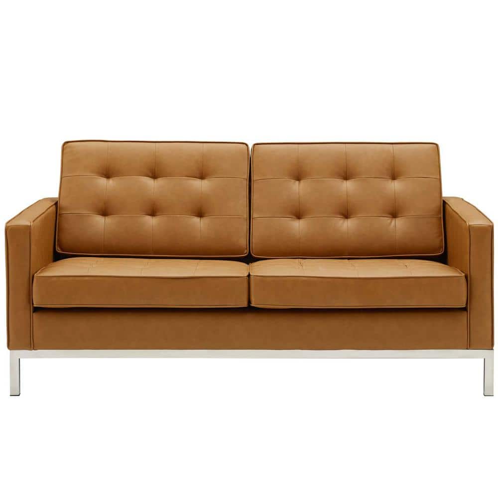 Silver Tan Tufted Faux Leather Loveseat with Metal Legs