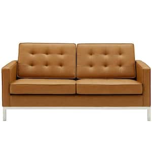 Loft 63 in. Tan Tufted Faux Leather 2-Seater Loveseat with Square Arms
