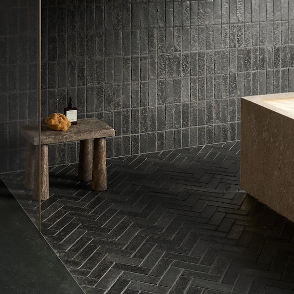 Creston Charcoal Gray 4 in. x 0.39 in. Stacked Matte Porcelain Mosaic Floor and Wall Tile Sample