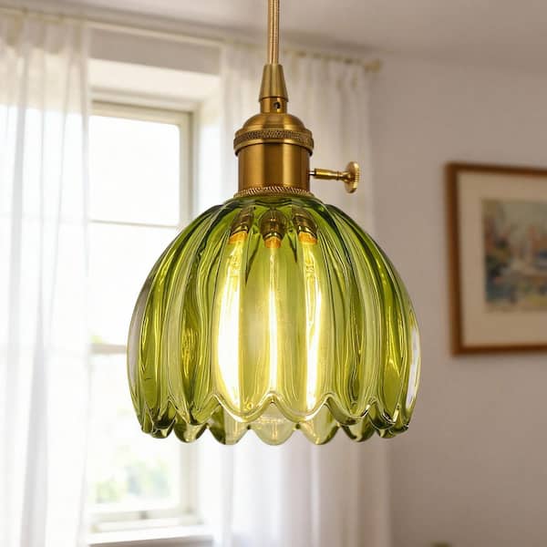 1-Light Gold Vintage Pendant Light with Tulip Green Glass Shade, Retro Hanging Fixture for Dining Table Kitchen Island