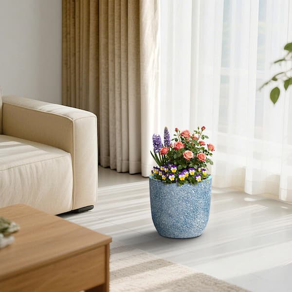 14 in. Medium Light Blue（Upgraded Interior） Concrete Round Planter / Pot with Drainage Holes for Indoor and Outdoor