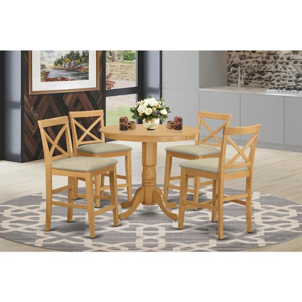 East West Furniture 5-Piece Round Natural Oak Finish Solid Wood Top Dining table with 4 Chairs with Lattice Back