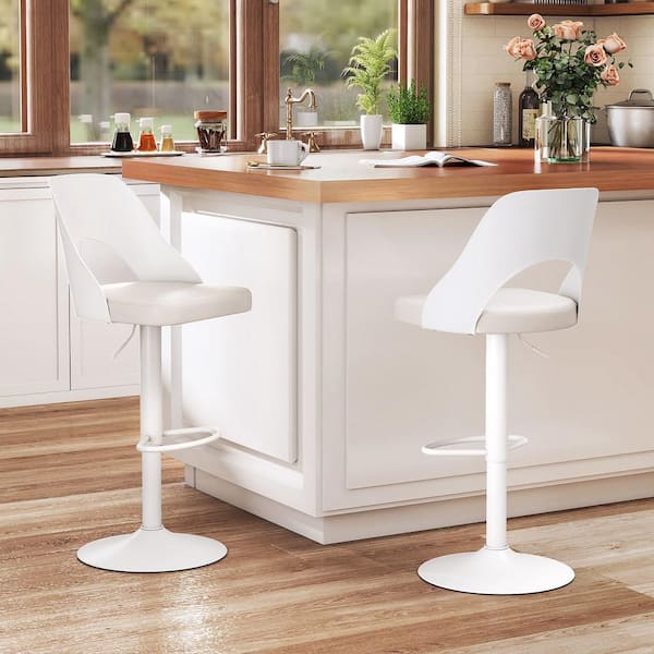 44 in. H Metal Bar Stools w/Enlarged PU Leather Seat Footrest Swivel Bar Chairs White Set of 4