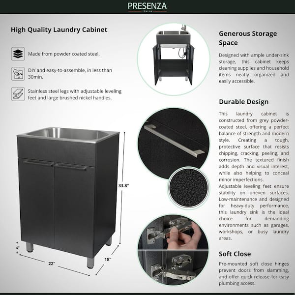 Presenza All-in-One 22 in. x 18 in. x 33.8 in. Stainless Steel Drop-In Sink and Cabinet with Faucet in Gray