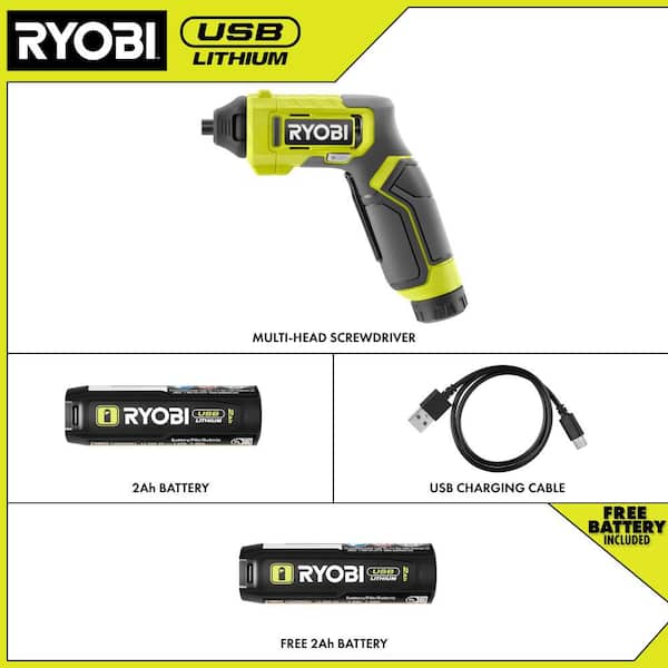 USB Lithium Multi-Head Screwdriver Kit with 2 Ah Battery, Charging Cable, & USB Lithium 2.0 Ah Rechargeable Battery