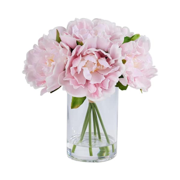 Faux Series 11 in. Pink Indoor Artificial Silk Peony Bouquets with Stems for Home Table Decor in Glass Vase