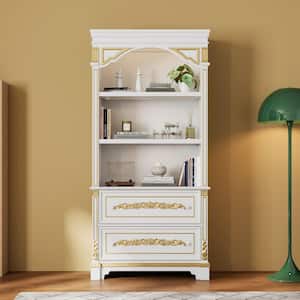 76.3 in. Tall White Wood 3-Shelf Accent Bookcase with LED Lighting, 2 Drawer, Gold Knobs, Classic Design For Living Room