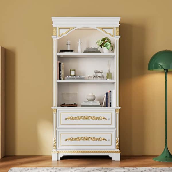 FUFU&GAGA 76.3 in. Tall White Wood 3-Shelf Accent Bookcase with