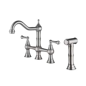 Double Handles 4-Holes Brass Bridge Dual Handles Kitchen Faucet with Pull-Out Side Sprayer in Brushed Nickel