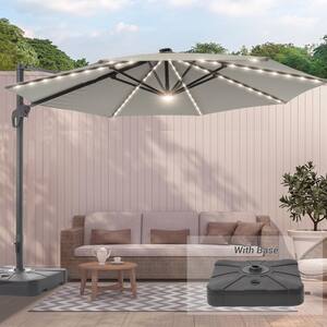 11 ft. Solar LED Aluminum Cantilever Patio Umbrella with a Base/Stand, Offset Hanging 360° Rotation in Gray