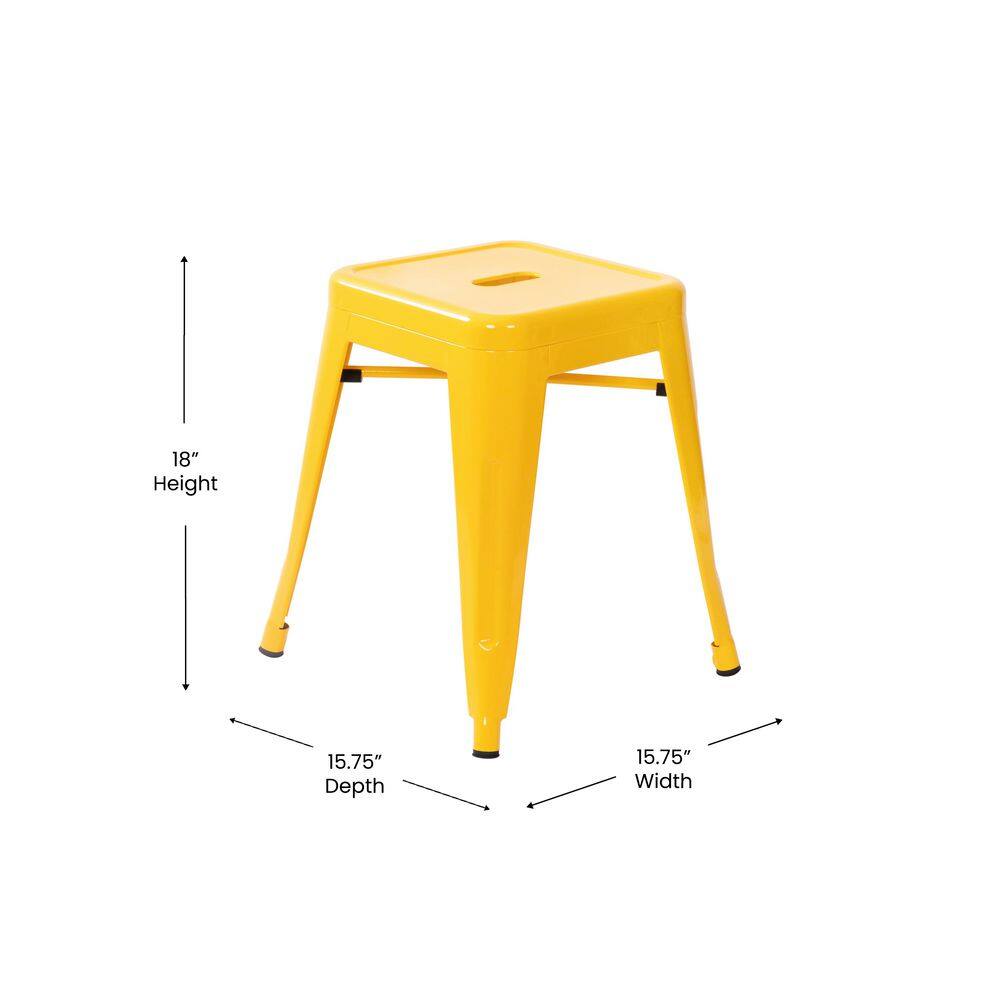 Yellow backless metal bar stool with dimension measurements.