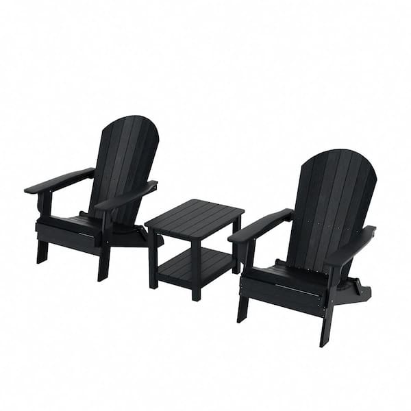 WESTIN OUTDOOR Vineyard Black Outdoor Plastic Adirondack Chair with Side Table 3-Piece Set