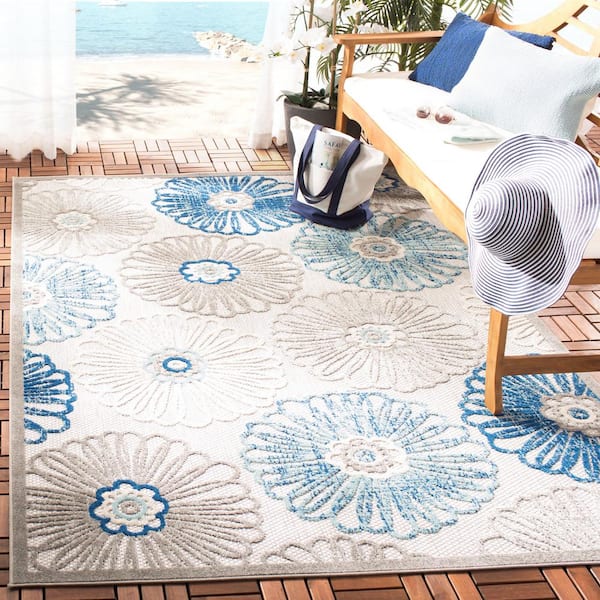 Cabana Gray/Blue 2 ft. x 4 ft. Border Floral Indoor/Outdoor Area Rug