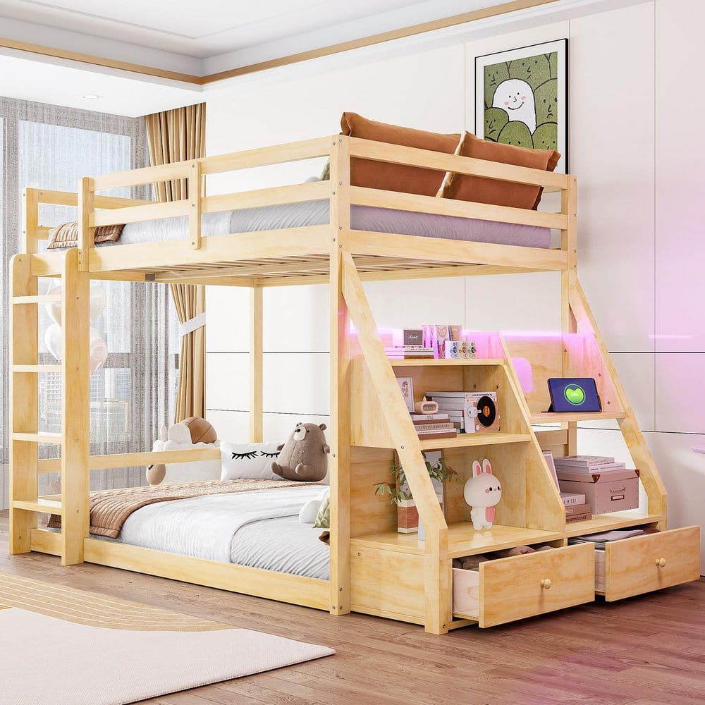 Harper & Bright Designs Natural Full Size Bunk Bed with LED Lights, USB ...