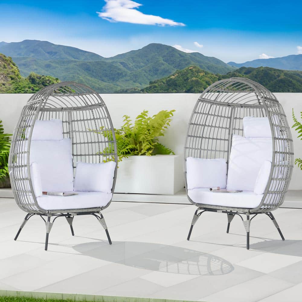 Oversized Outdoor Gray RatTan Egg Chair Patio Chaise Lounge Indoor Basket C