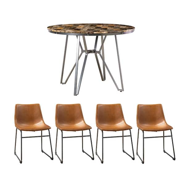 JAYDEN CREATION Ruiman 5-Piece Brown Small Dining Table Dinette Set for 4 with Metal Legs