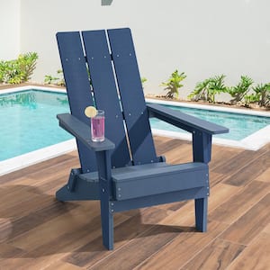 HIPS Foldable Adirondack Chair, Weather Resistant Wood-Grain Finish Chair With Wide Backrest, Navy Blue