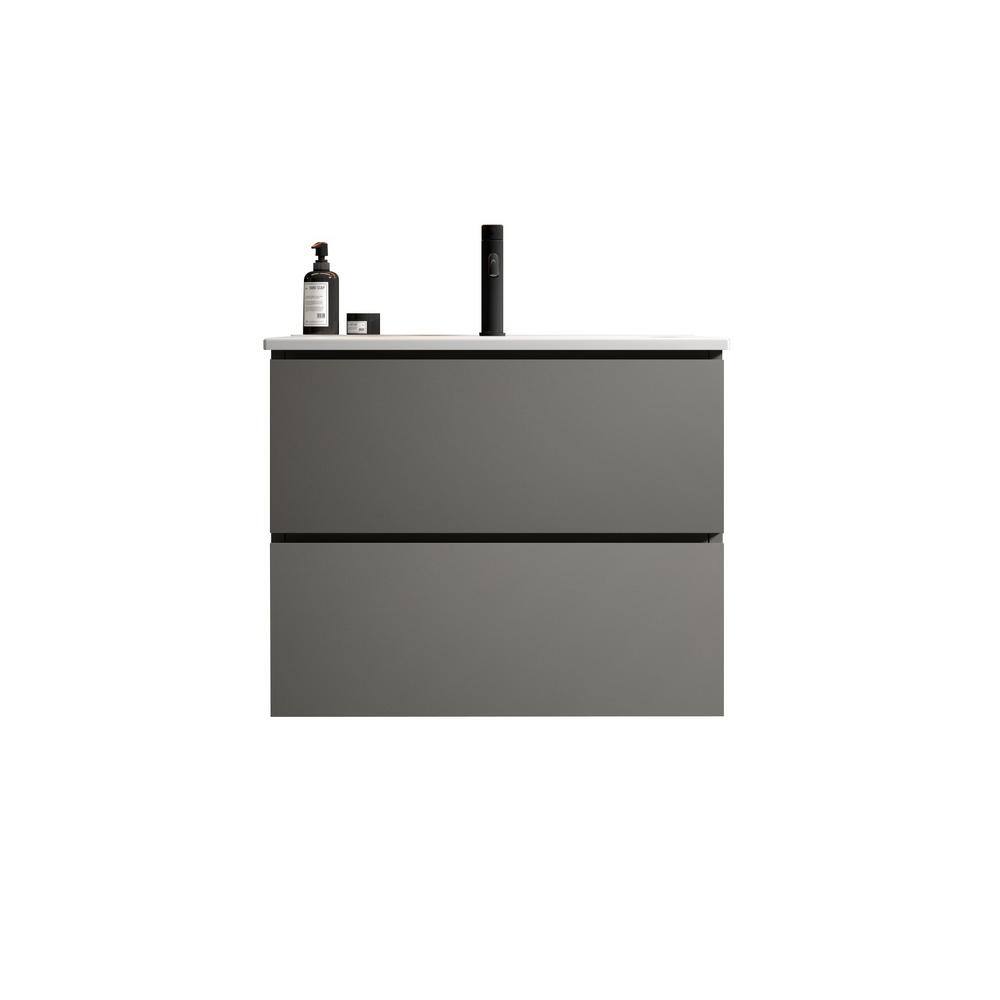 24 in. Wall-Mounted Space Gray Bath Vanity with Glossy White Ceramic Top Un