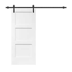 30 in. x 80 in. White Primed MDF 3 Panel Equal Style Interior Sliding Barn Door with Hardware Kit