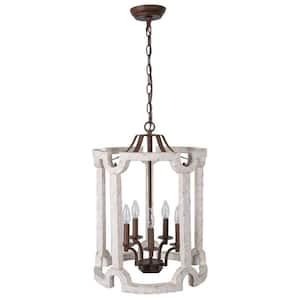 Jolla Farmhouse 3-Light Rustic White Wood Classic Cage Drum Chandelier Dining Island Light with Weathered Dot Accents