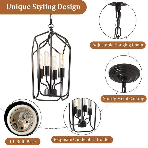 KAISITE 4-Light Black Lantern Pendant Light Farmhouse Square