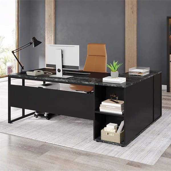 BYBLIGHT Lanita 71 in. L Shaped Modern Black Engineered Wood Executive Office Desk Large Computer Desk with Storage, Doors